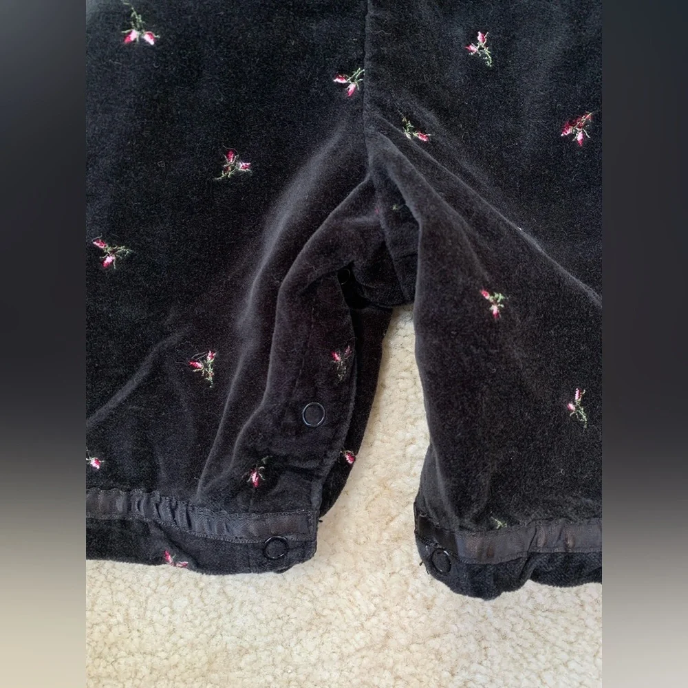 Vintage OshKosh Size Small Black Velvet Romper with Embroidered Flowers